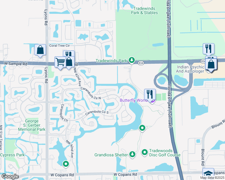 map of restaurants, bars, coffee shops, grocery stores, and more near 68 Carambola Circle North in Coconut Creek