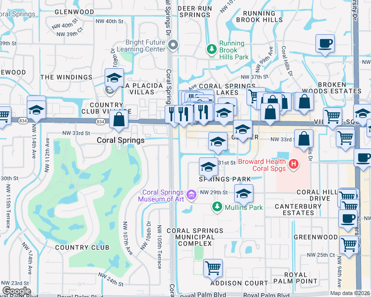 map of restaurants, bars, coffee shops, grocery stores, and more near 3279 Northwest 104th Avenue in Coral Springs