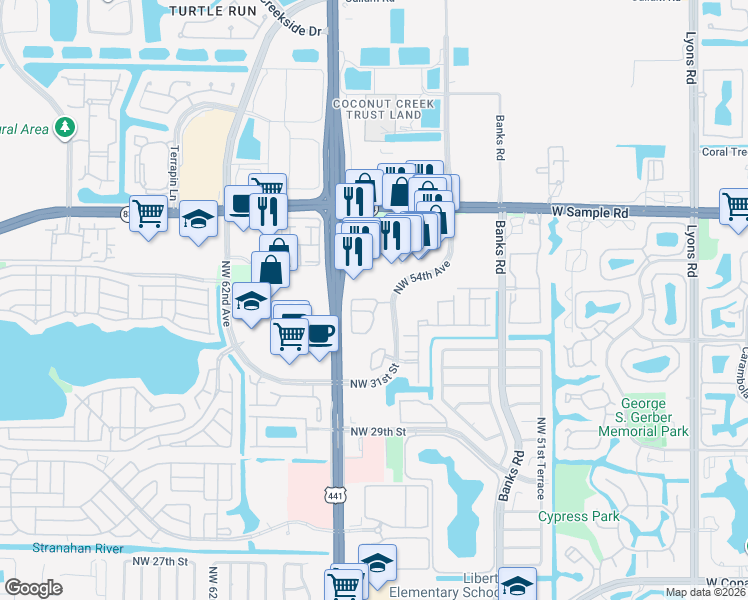 map of restaurants, bars, coffee shops, grocery stores, and more near 5688 West Sample Road in Margate