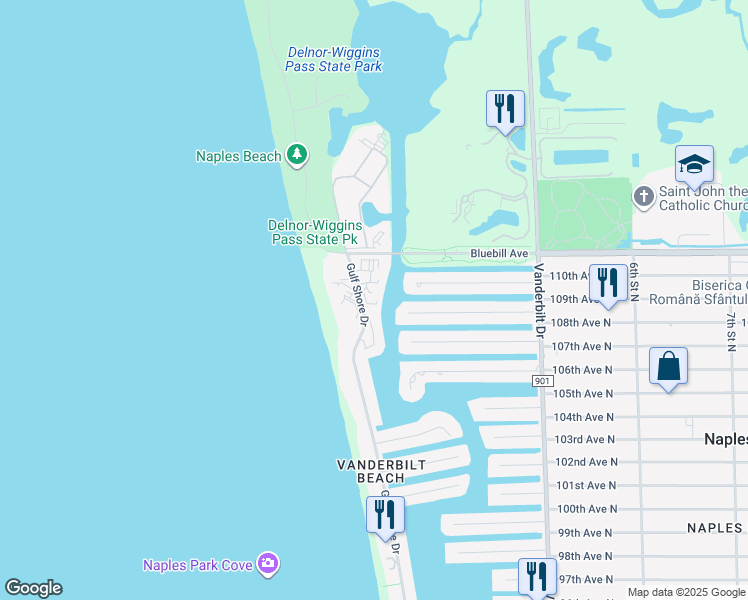map of restaurants, bars, coffee shops, grocery stores, and more near 11030 Gulf Shore Drive in Naples