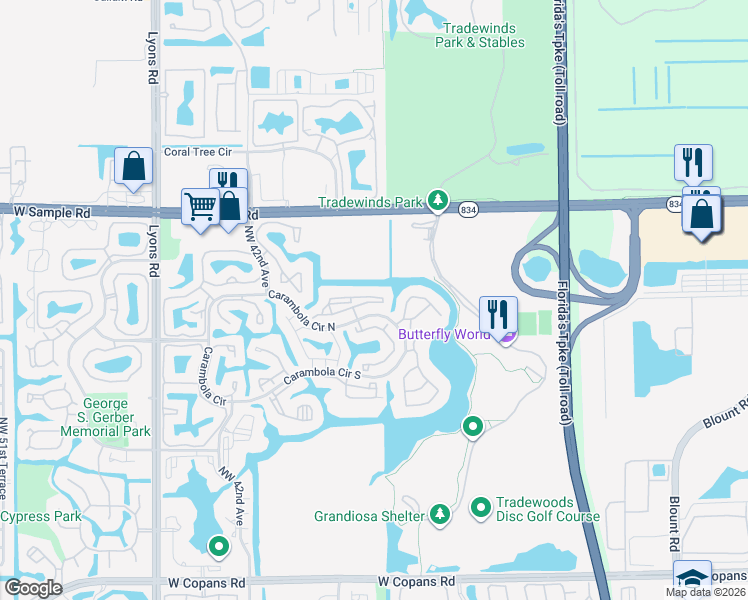map of restaurants, bars, coffee shops, grocery stores, and more near 68 Carambola Circle North in Coconut Creek