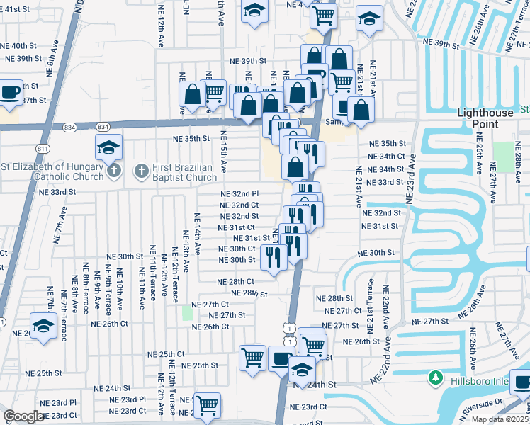 map of restaurants, bars, coffee shops, grocery stores, and more near 1661 Northeast 32nd Court in Pompano Beach