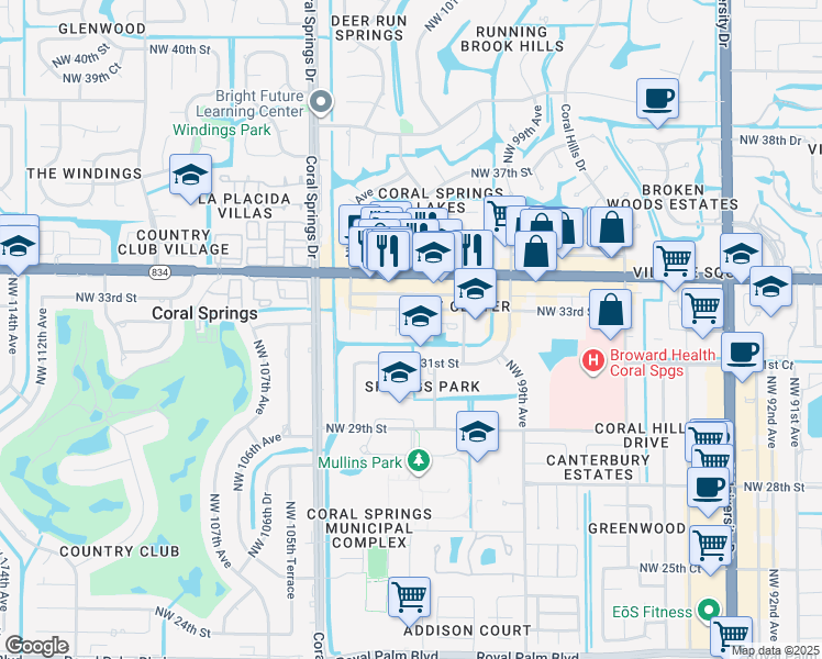 map of restaurants, bars, coffee shops, grocery stores, and more near 10192 Northwest 33rd Street in Coral Springs