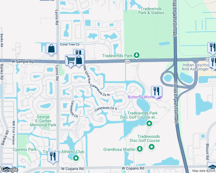 map of restaurants, bars, coffee shops, grocery stores, and more near 3645 Northwest 35th Street in Coconut Creek