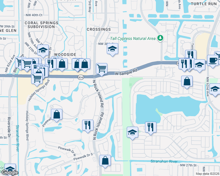 map of restaurants, bars, coffee shops, grocery stores, and more near 3286 Northwest 68th Avenue in Margate