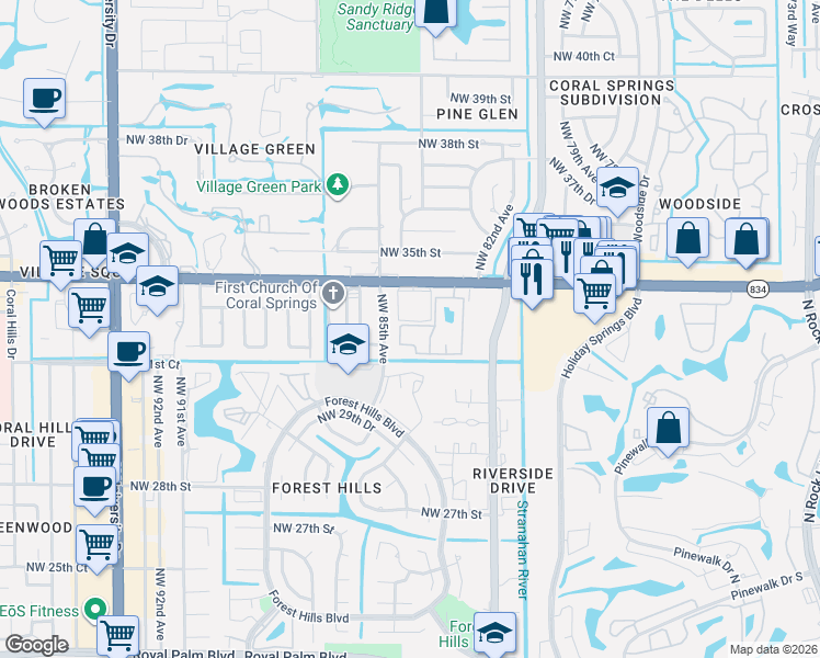 map of restaurants, bars, coffee shops, grocery stores, and more near 8404 West Sample Road in Coral Springs