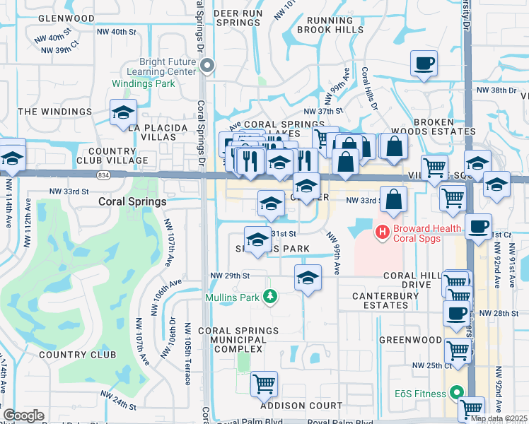 map of restaurants, bars, coffee shops, grocery stores, and more near 10192 Northwest 33rd Street in Coral Springs