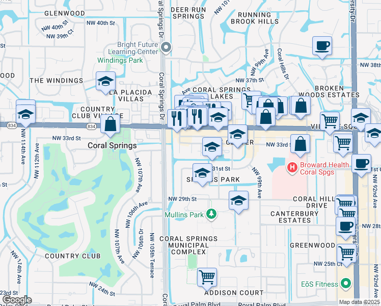 map of restaurants, bars, coffee shops, grocery stores, and more near 10254 Northwest 33rd Street in Coral Springs