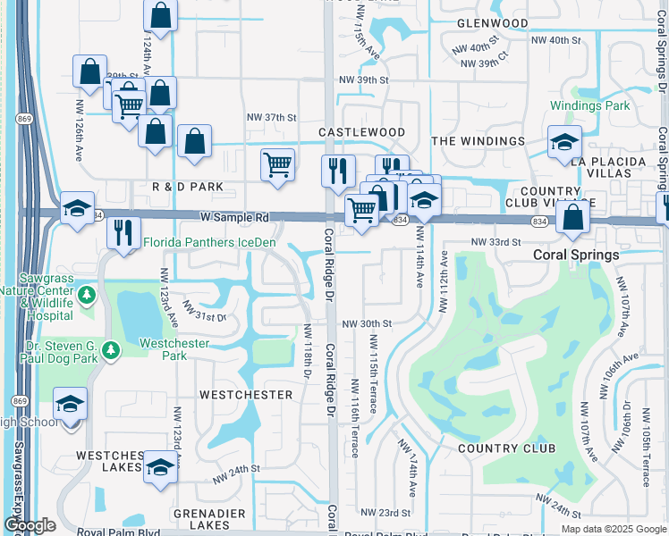 map of restaurants, bars, coffee shops, grocery stores, and more near 11525 Northwest 32nd Court in Coral Springs