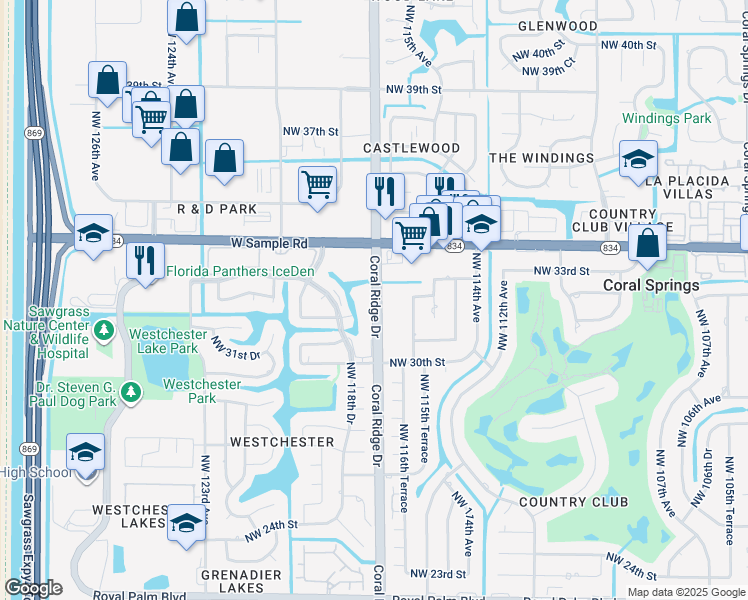 map of restaurants, bars, coffee shops, grocery stores, and more near 3262 Coral Ridge Drive in Coral Springs