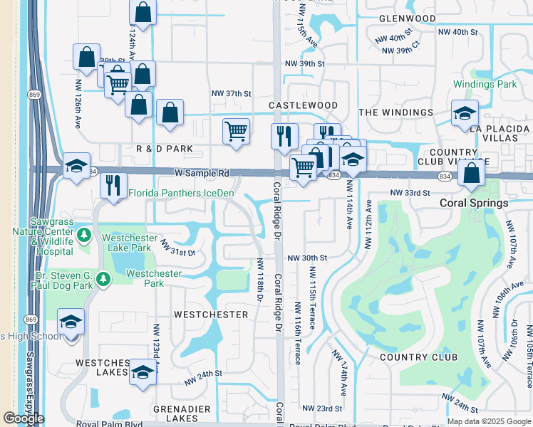 map of restaurants, bars, coffee shops, grocery stores, and more near 3262 Coral Ridge Drive in Coral Springs