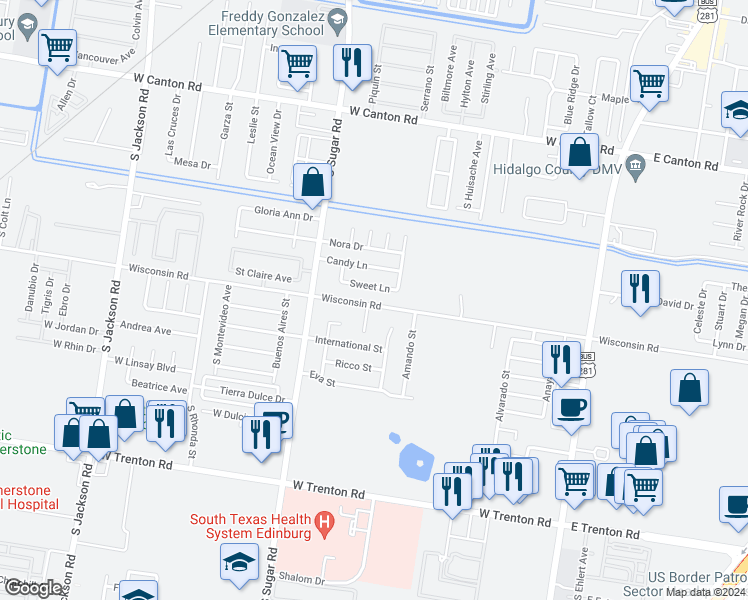map of restaurants, bars, coffee shops, grocery stores, and more near 1338 Sweet Lane in Edinburg