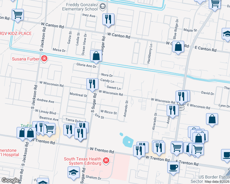 map of restaurants, bars, coffee shops, grocery stores, and more near 1338 Sweet Lane in Edinburg
