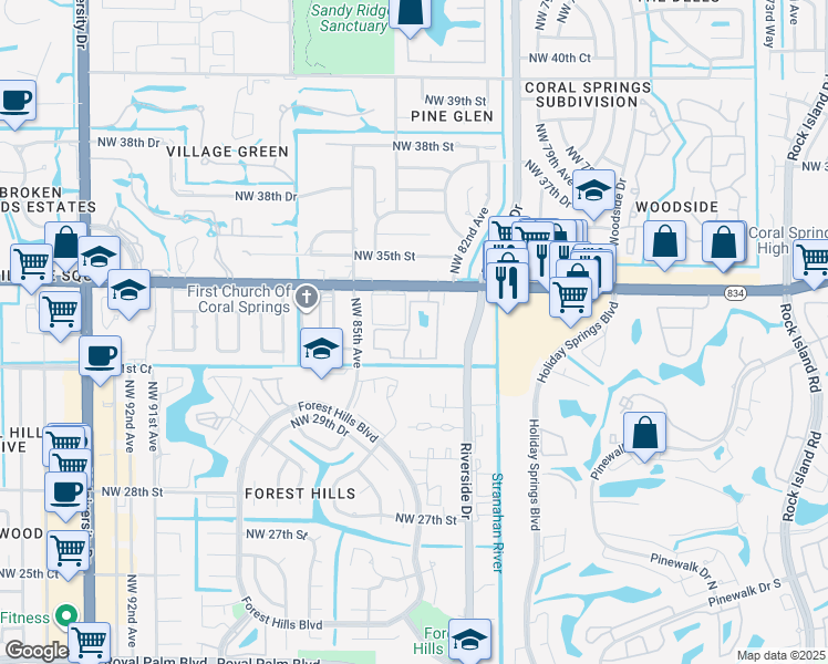 map of restaurants, bars, coffee shops, grocery stores, and more near 8405 Coral Lake Manor in Coral Springs