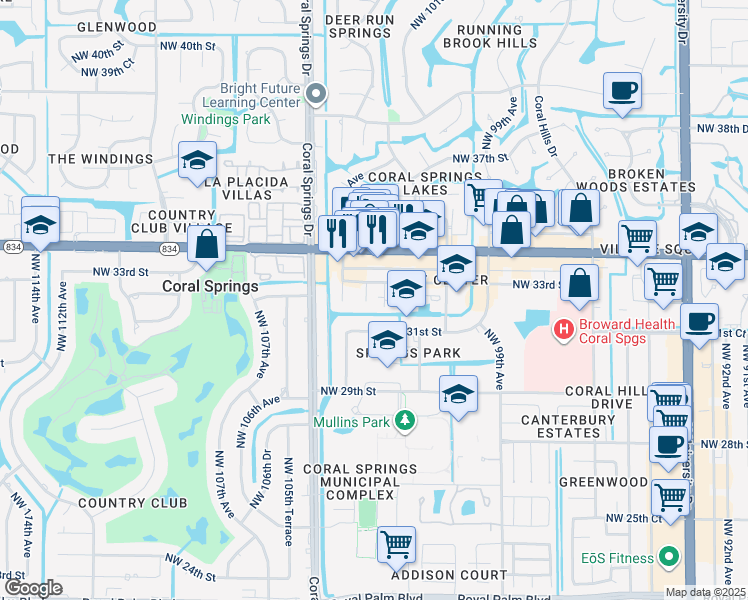map of restaurants, bars, coffee shops, grocery stores, and more near 10254 Northwest 33rd Street in Coral Springs
