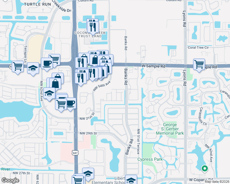 map of restaurants, bars, coffee shops, grocery stores, and more near 5311 Jamboree Place in Margate