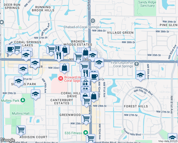 map of restaurants, bars, coffee shops, grocery stores, and more near 3205 North University Drive in Coral Springs