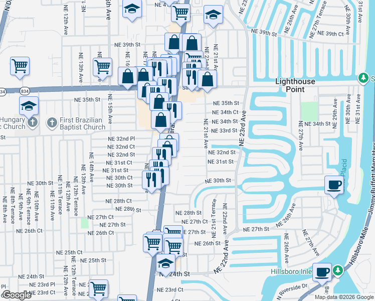 map of restaurants, bars, coffee shops, grocery stores, and more near 1946 Northeast 32nd Street in Lighthouse Point