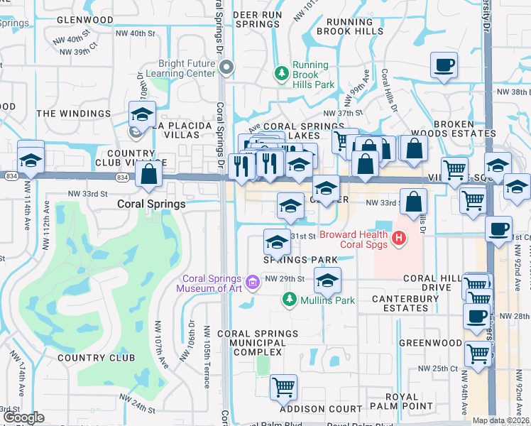 map of restaurants, bars, coffee shops, grocery stores, and more near 10254 Northwest 33rd Street in Coral Springs