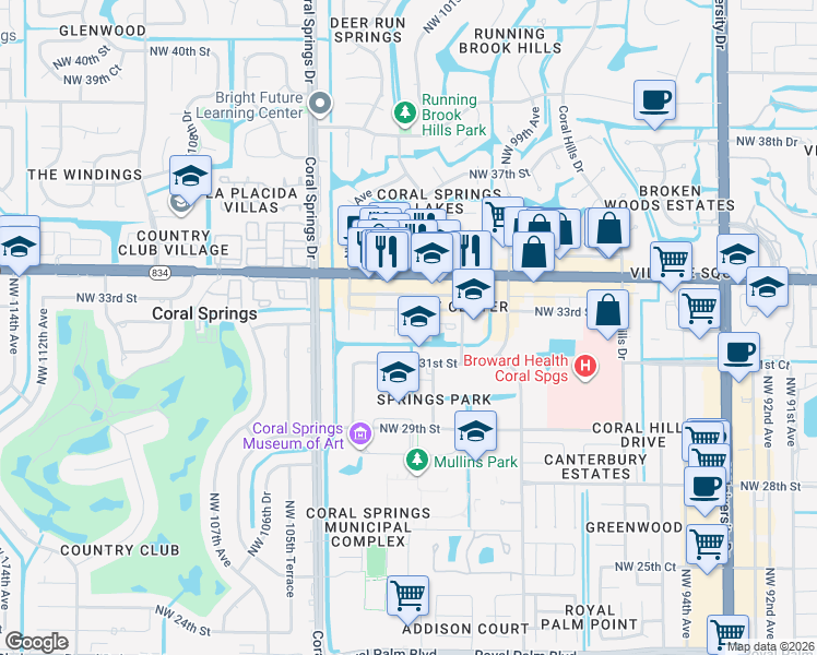map of restaurants, bars, coffee shops, grocery stores, and more near 10192 Northwest 33rd Street in Coral Springs