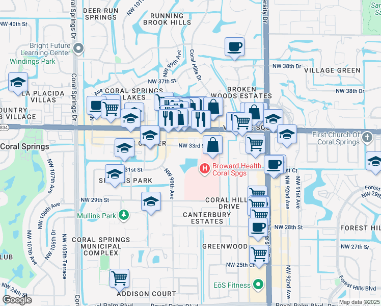 map of restaurants, bars, coffee shops, grocery stores, and more near 9750 Northwest 33rd Street in Coral Springs