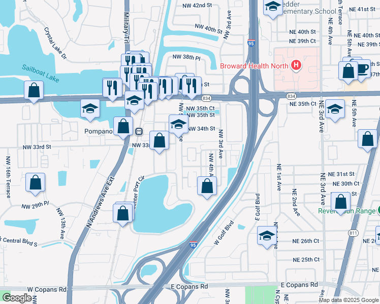 map of restaurants, bars, coffee shops, grocery stores, and more near 3201 Northwest 4th Terrace in Pompano Beach