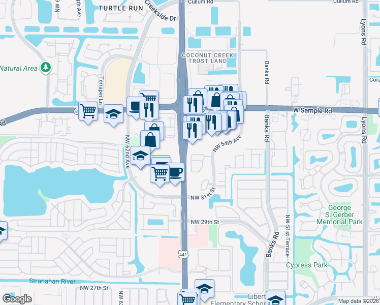 map of restaurants, bars, coffee shops, grocery stores, and more near 5688 West Sample Road in Margate