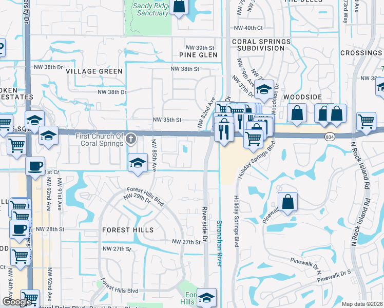 map of restaurants, bars, coffee shops, grocery stores, and more near 3280 Coral Lake Lane in Coral Springs