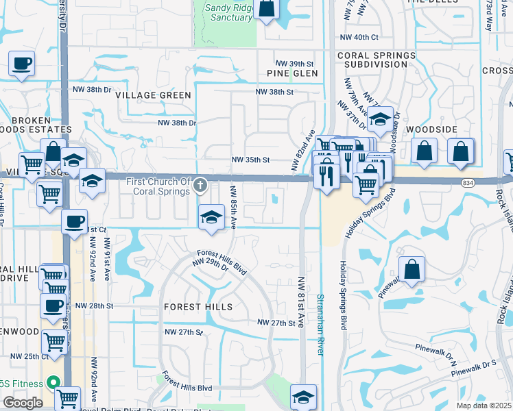 map of restaurants, bars, coffee shops, grocery stores, and more near 8404 West Sample Road in Coral Springs