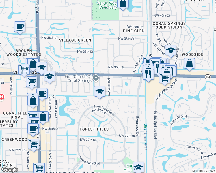 map of restaurants, bars, coffee shops, grocery stores, and more near 3351 Northwest 85th Avenue in Coral Springs