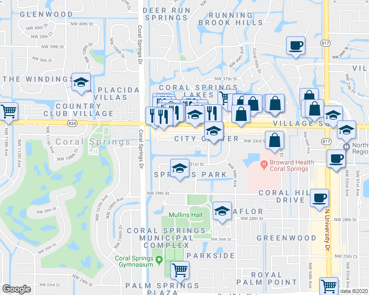 map of restaurants, bars, coffee shops, grocery stores, and more near 10192 Northwest 33rd Street in Coral Springs