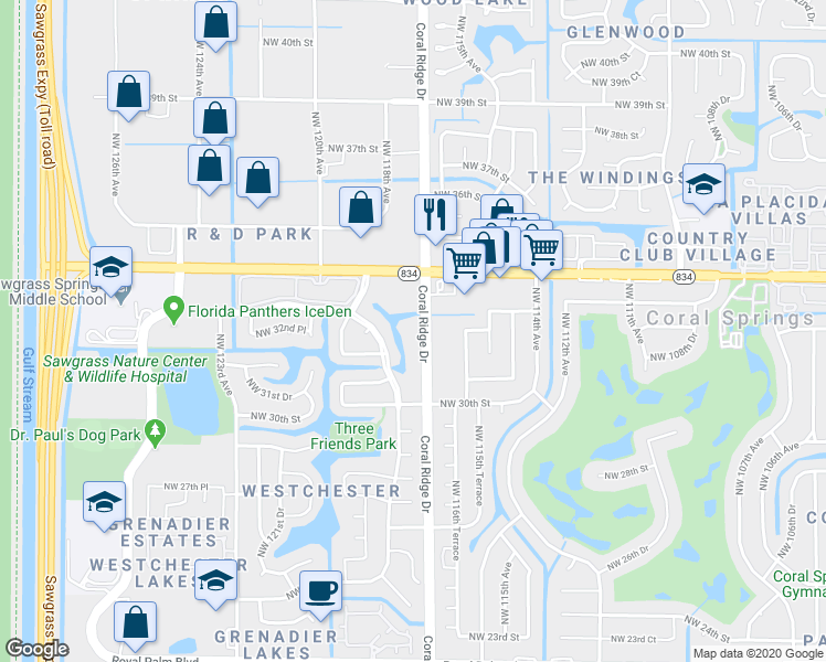 map of restaurants, bars, coffee shops, grocery stores, and more near 3262 Coral Ridge Drive in Coral Springs