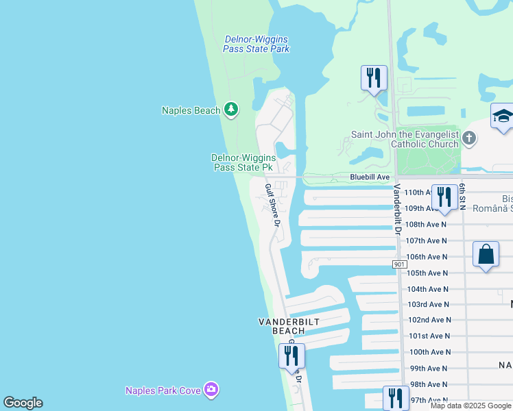 map of restaurants, bars, coffee shops, grocery stores, and more near 10851 Gulf Shore Drive in Naples
