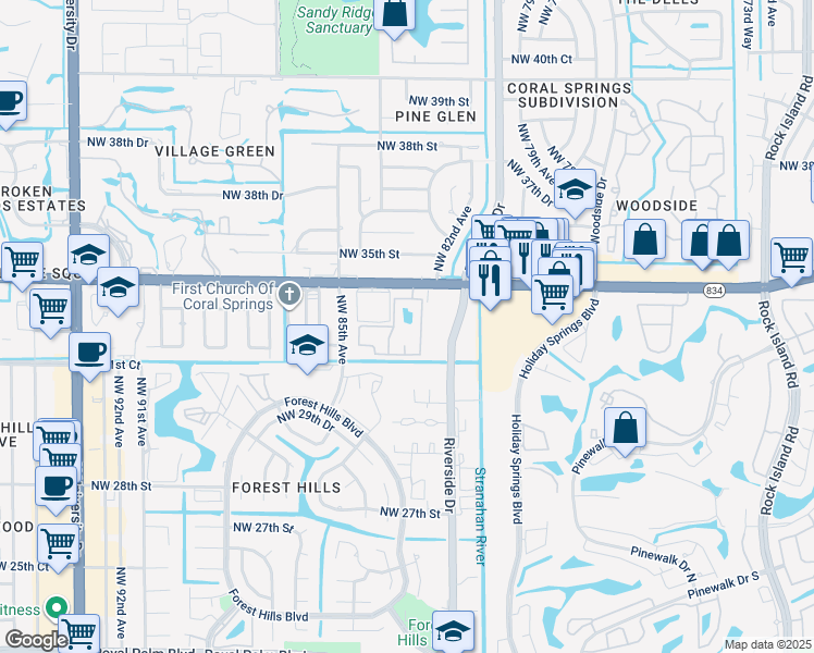 map of restaurants, bars, coffee shops, grocery stores, and more near 3280 Coral Lake Lane in Coral Springs