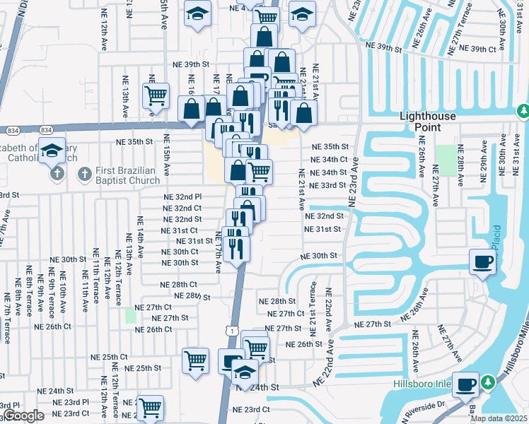 map of restaurants, bars, coffee shops, grocery stores, and more near 1946 Northeast 32nd Street in Lighthouse Point