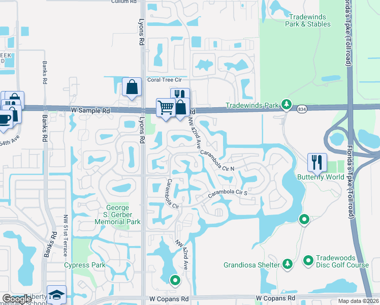 map of restaurants, bars, coffee shops, grocery stores, and more near 2837 Carambola Circle North in Coconut Creek