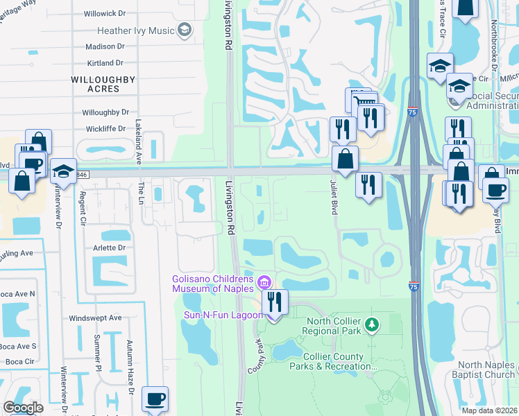 map of restaurants, bars, coffee shops, grocery stores, and more near 4940 Cougar Court South in Naples