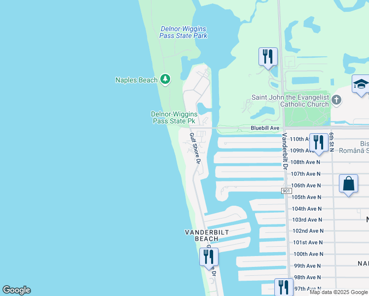 map of restaurants, bars, coffee shops, grocery stores, and more near 10851 Gulf Shore Drive in Naples