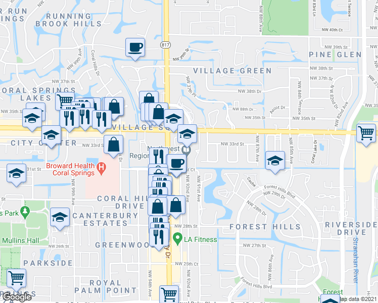 map of restaurants, bars, coffee shops, grocery stores, and more near 3205 North University Drive in Coral Springs