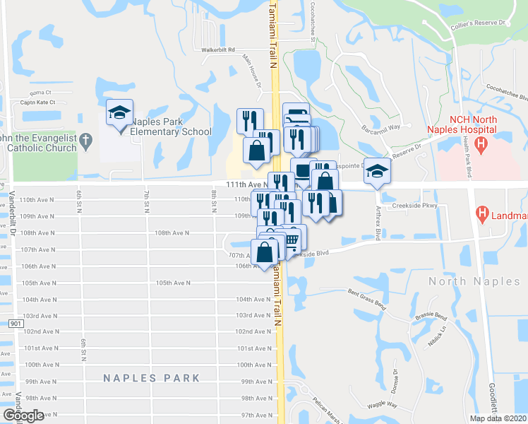 map of restaurants, bars, coffee shops, grocery stores, and more near 869 109th Avenue North in Naples