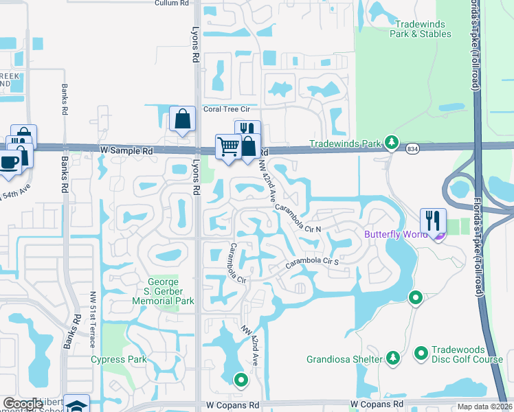 map of restaurants, bars, coffee shops, grocery stores, and more near 4319 Carambola Circle North in Coconut Creek