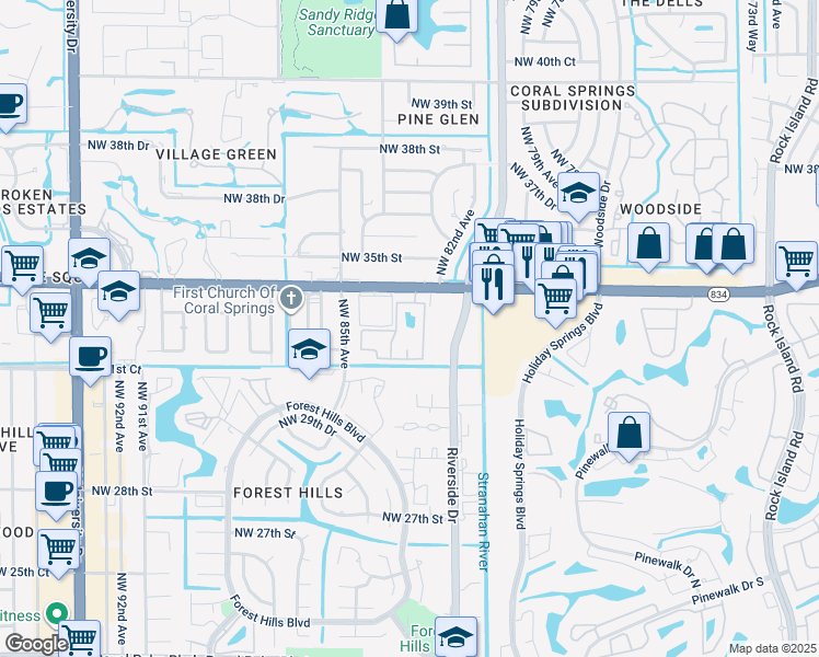 map of restaurants, bars, coffee shops, grocery stores, and more near 3280 Coral Lake Lane in Coral Springs