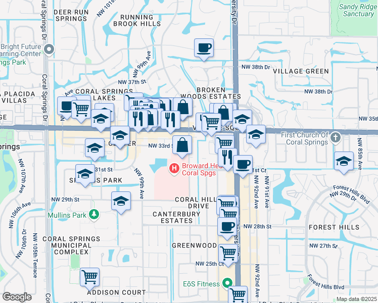 map of restaurants, bars, coffee shops, grocery stores, and more near 3331 Coral Hills Drive in Coral Springs
