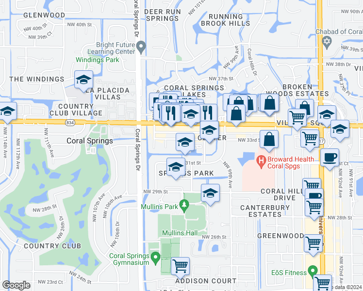 map of restaurants, bars, coffee shops, grocery stores, and more near 10192 Northwest 33rd Street in Coral Springs