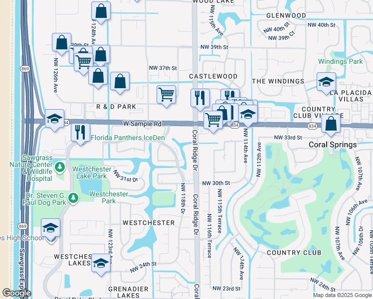 map of restaurants, bars, coffee shops, grocery stores, and more near 3262 Coral Ridge Drive in Coral Springs