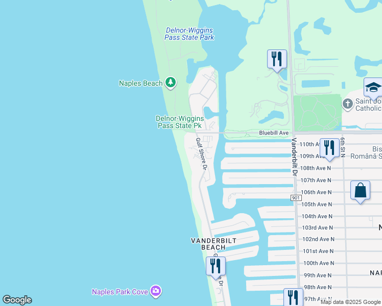 map of restaurants, bars, coffee shops, grocery stores, and more near 10851 Gulf Shore Drive in Naples