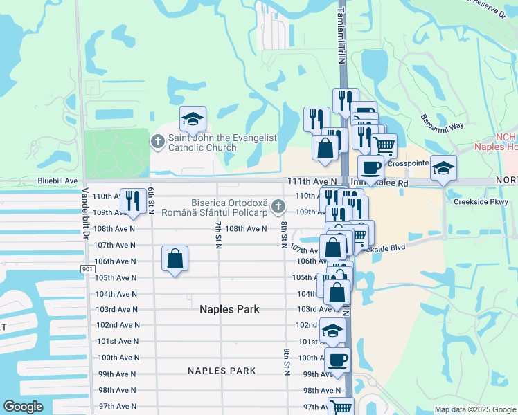 map of restaurants, bars, coffee shops, grocery stores, and more near 761 109th Avenue North in Naples