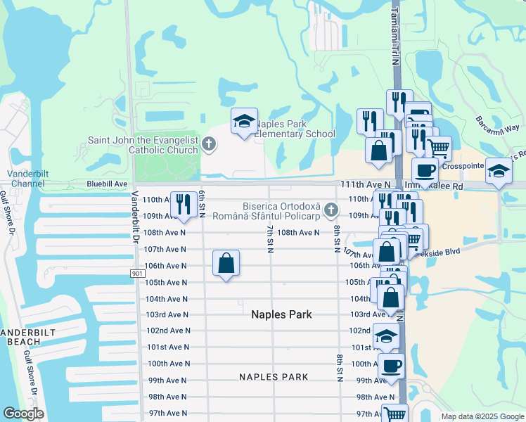 map of restaurants, bars, coffee shops, grocery stores, and more near 693 109th Avenue North in Naples