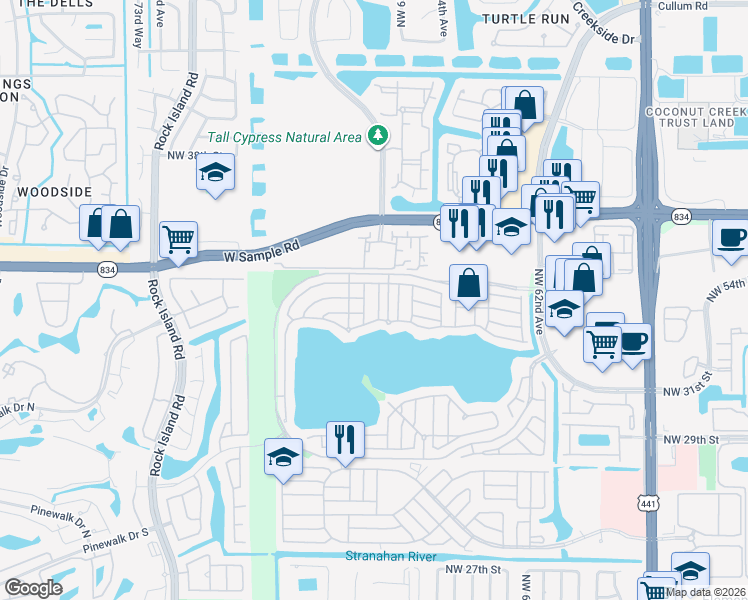 map of restaurants, bars, coffee shops, grocery stores, and more near 3385 Seabreeze Lane in Margate