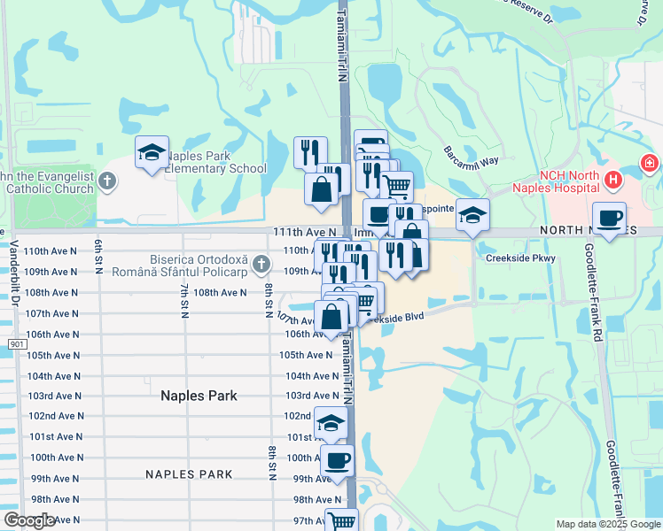 map of restaurants, bars, coffee shops, grocery stores, and more near 869 109th Avenue North in Naples